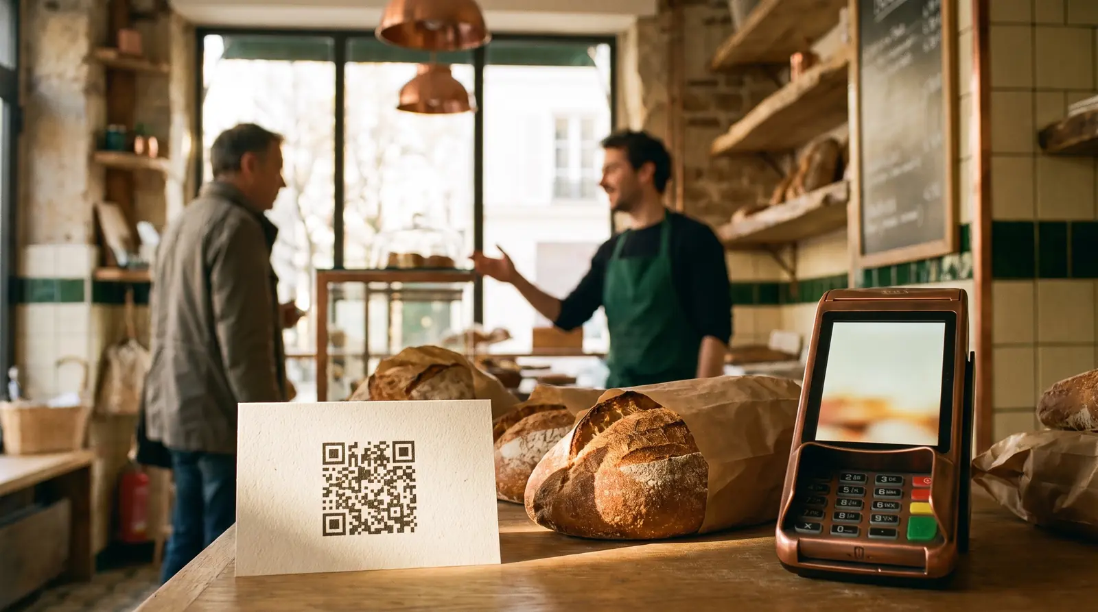 Carte avec QR code posée près d’un terminal de paiement pour laisser un avis Google en quelques secondes