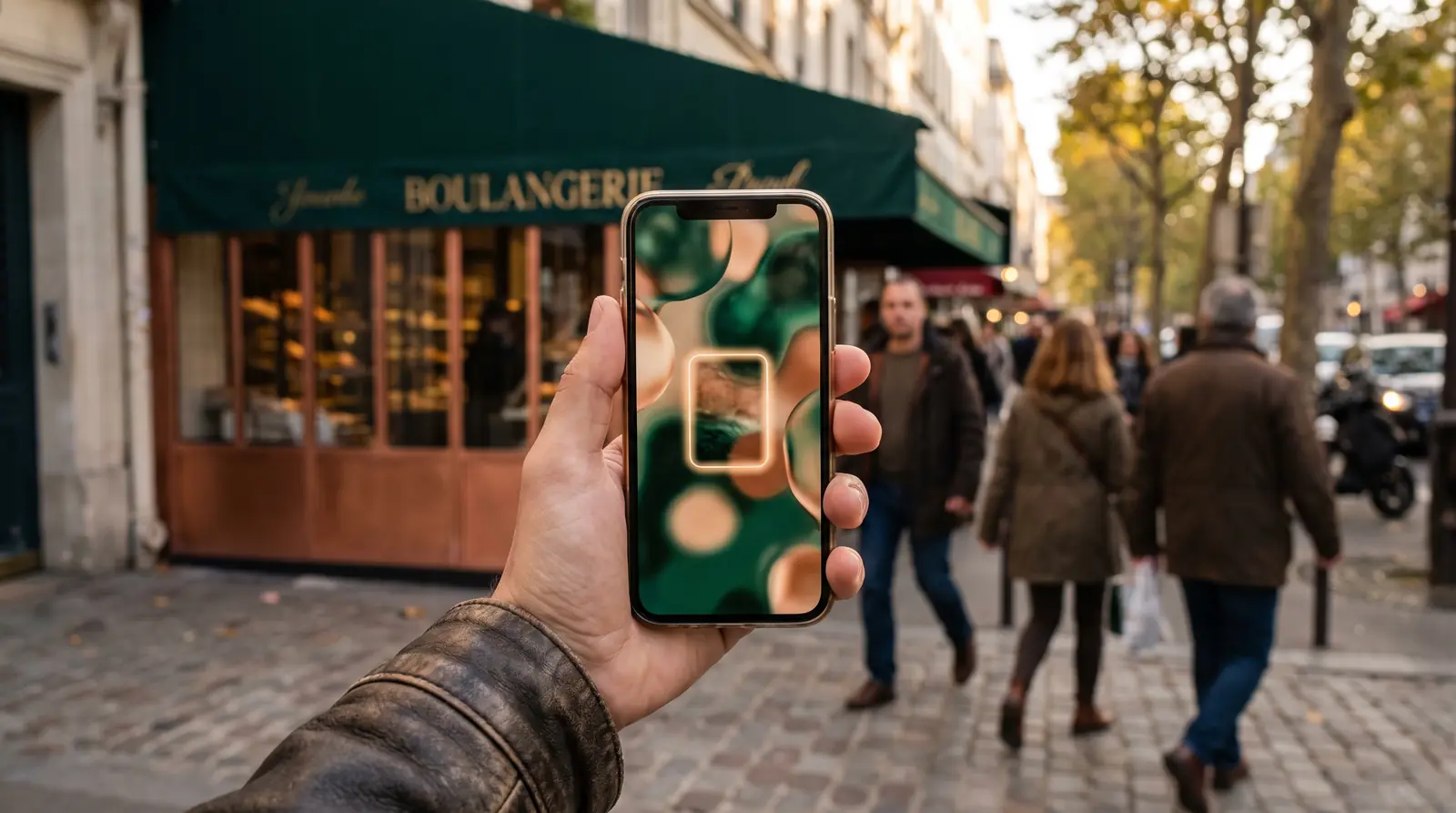 Fiche d’entreprise sur un téléphone entourée d’étoiles et de bulles d’avis, sources lues par les assistants IA