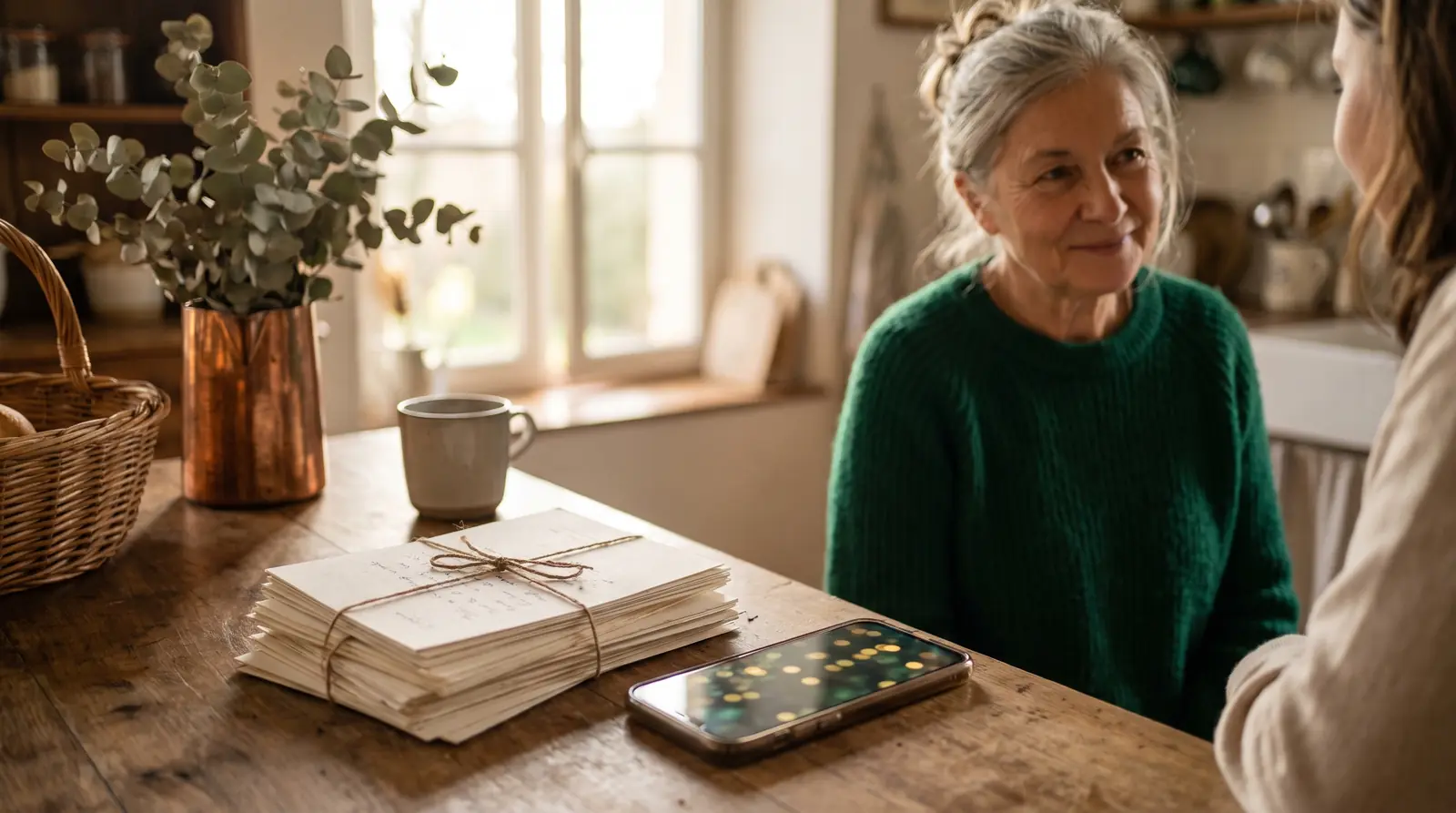 Balance entre un dossier bien rangé et des papiers couverts de mots répétés : contenu clair contre bourrage de mots-clés
