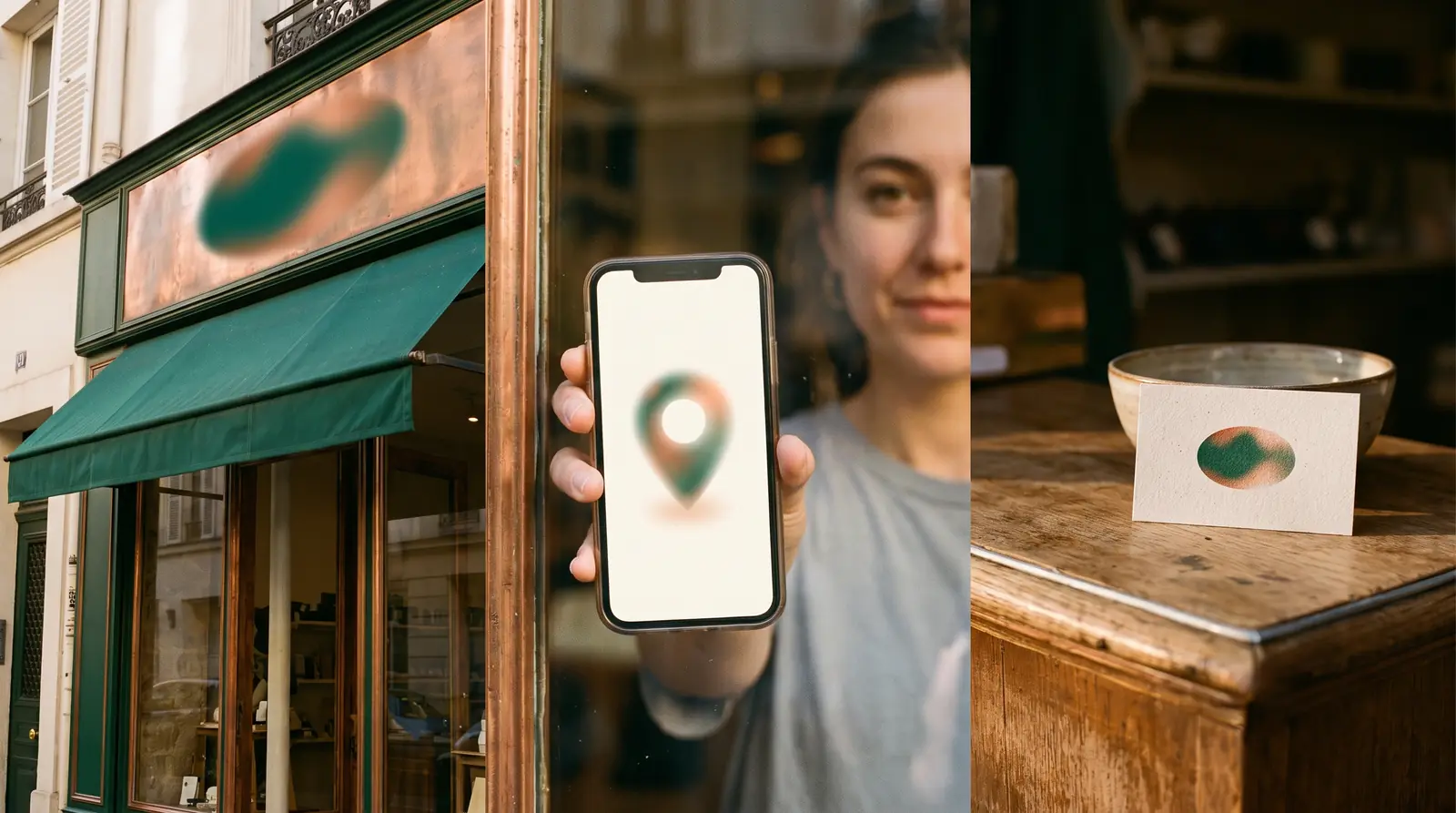 Vitrine, fiche sur téléphone et carte de visite aux informations identiques, une cohérence utile au GEO