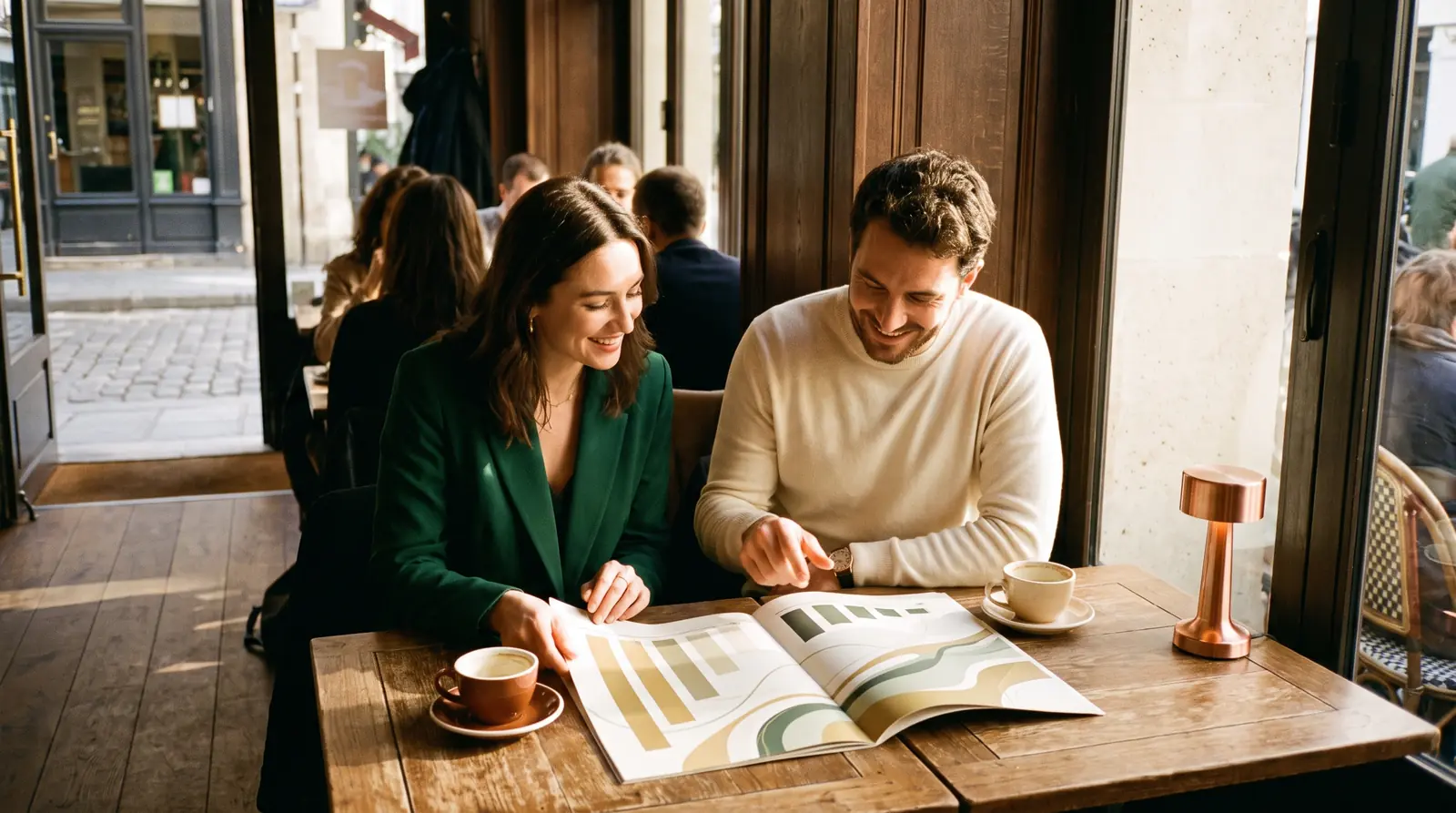 Consultant SEO et gérante de café relisant ensemble le rapport mensuel de visibilité
