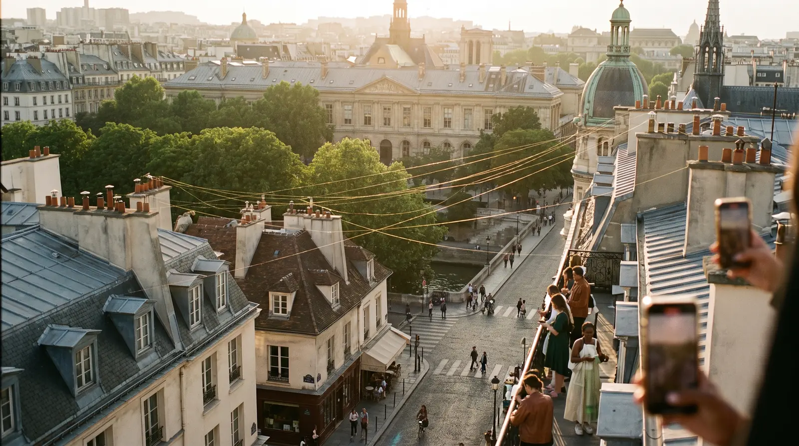 Toits de Paris au coucher du soleil reliés par des lignes dorées, image de la méthode Click First
