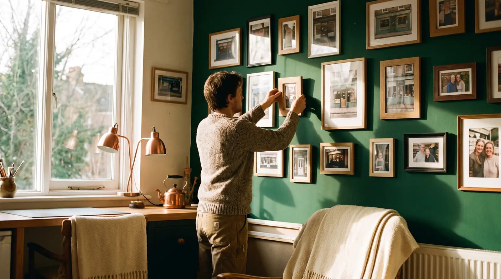 Mur de photos encadrées de commerces et de leurs gérants, image des réalisations web