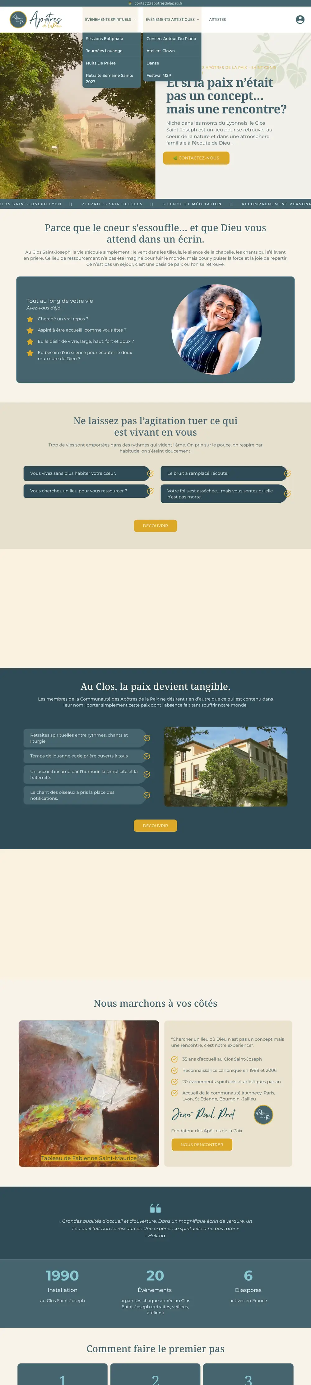 Site internet de Apôtres de la Paix (Retraites spirituelles, Rhône) créé par Monsieur Click, page d’accueil
