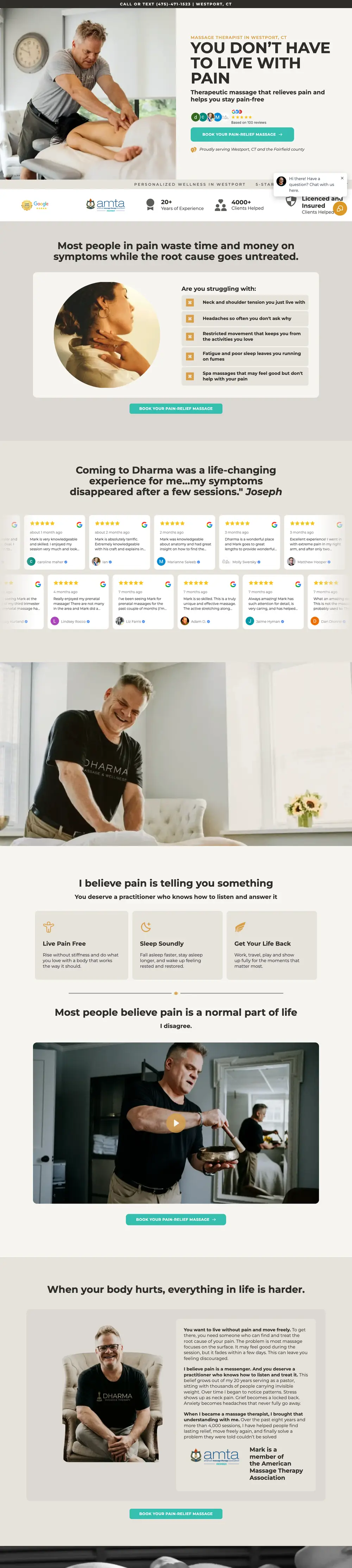 Site internet de Dharma Massage Therapy (Massage thérapeutique, États-Unis) créé par Monsieur Click, page d’accueil